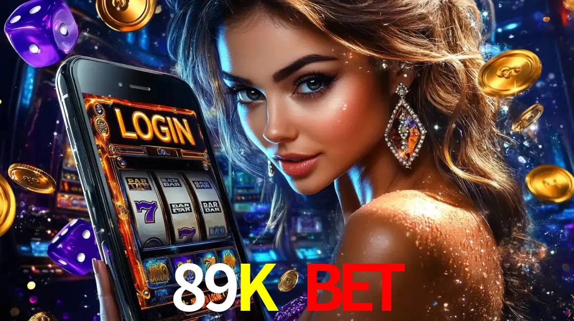 Mulher glamorosa segurando um smartphone com a tela de login para os jogos de caça-níqueis do cassino online 89K BET, com moedas de ouro e dados ao redor.