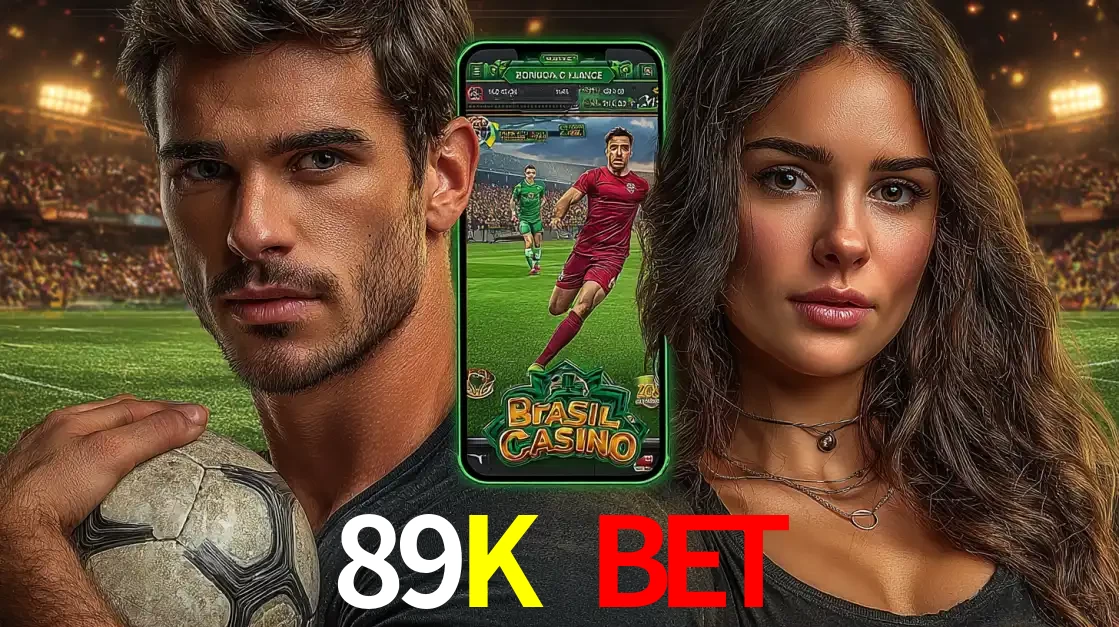 Homem segurando uma bola de futebol e uma mulher ao lado de um smartphone exibindo o jogo de apostas esportivas da 89K BET. Faça seu palpite no cassino online.